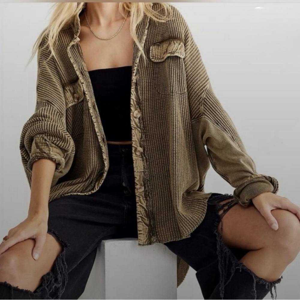 Free People Textured Olive/Brown Top with Button Detail